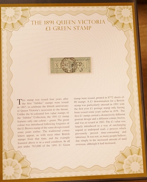 A large collection of stamps in Westminster Collection cases with certificates to include 1856 Queen Victoria 6d Lilac, 1884 10 Shilling ‘Cobalt Blue’ stamp, 1884 Victorian High Value Definitives (2s 6d, 5s, 10s), 1872-7